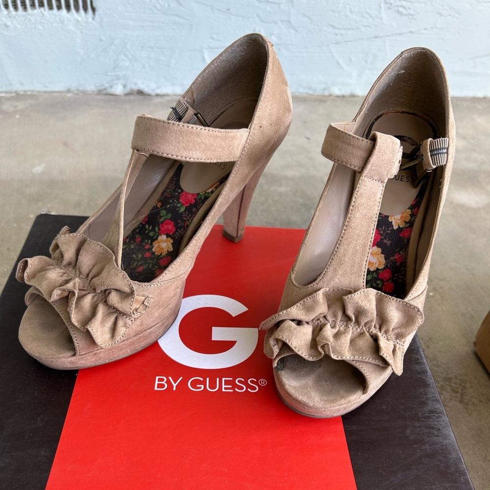 Guess Tan Ruffle Peep-Toe Heels